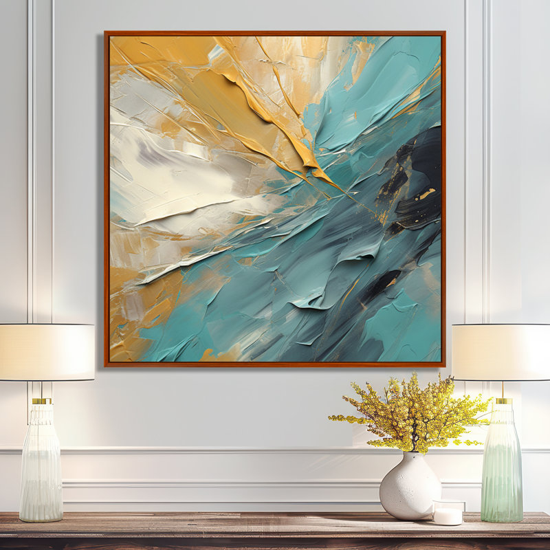 Joy of Peace, peinture abstraite or bleu clair - Art abstrait, 30" H x 30" W, Silver Picture Framed