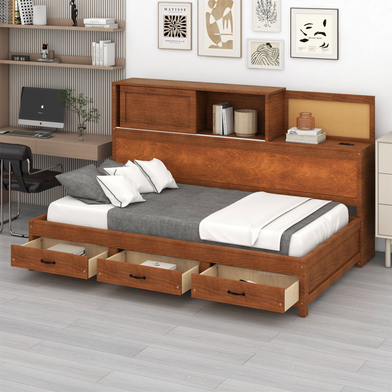Wooden Daybed With 3 Storage Drawers, Upper Soft Board, Shelf, And A Set Of Sockets And USB Ports, Walnut