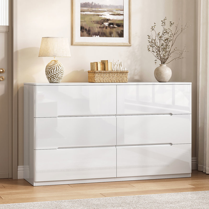 Lau 47’’ Modern 6 Drawer Dresser for Bedroom, White High Gloss Chest of Drawer For Living Room, Hallway, White