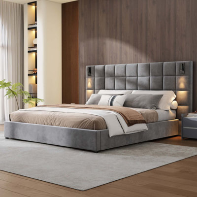 Upholstered Panel Bed Frame With Reading Lights, 57" Tall Headboard Platform Bed Mattress Frame, Under Bed Storage, No Box Spring Needed, Non-slip, Noise Free