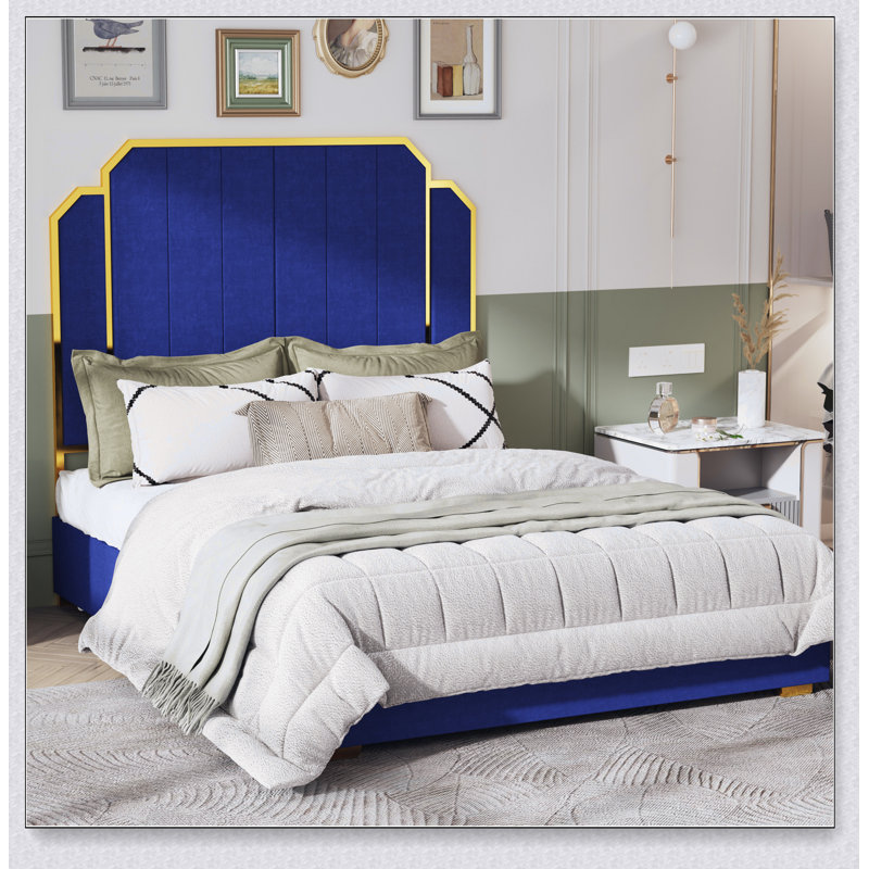 Bed Frame And 59.06" Headboard, Upholstered Bed With Golden Plating Trim