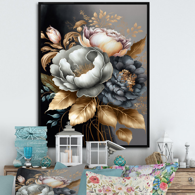 " Blue Blooming Bouquet V ", 20" H x 12" W x 1" D, Black Floater Frame