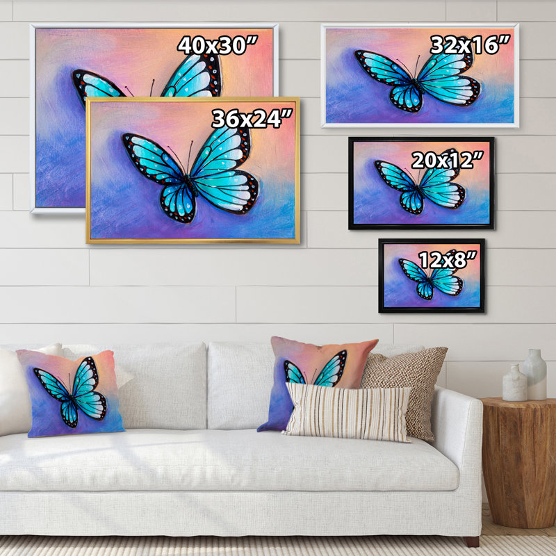 «Abstract Blue Morpho Butterfly», reproduction sur toile flottante, H 12 po x l 20 po x P 1 po, Cadre flottant blanc