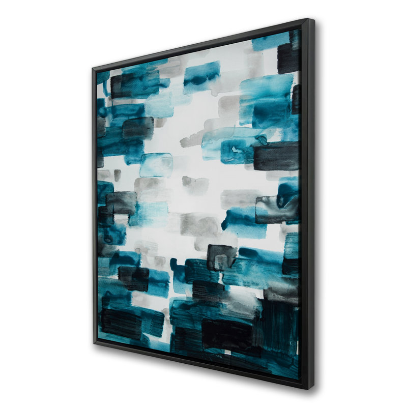 «Turquoise and Grey Squares», art abstrait sur toile encadrée, H 37,25 po x l 49,25 po