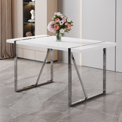 Ameelah Modern 55" Rectangular Engineered Wood Dining Table with Geometric Metal Double Pedestal