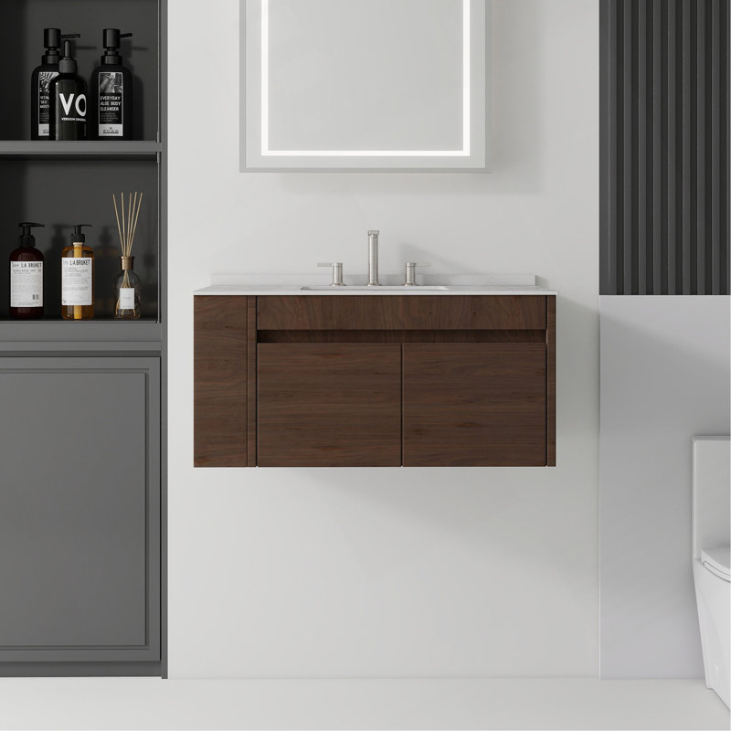 Meuble-lavabo flottant 36 po avec lavabo, porte à fermeture douce, comptoir en granite blanc 0,6 po et dosseret, contreplaqué