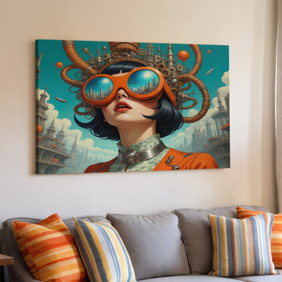 Impression d'art sur toile Steampunk avec lunettes orange et paysage urbain futuriste pour le salon, la chambre à coucher, le bureau, le couloir, le vestibule, le mur de la galerie et la décoration intérieure moderne