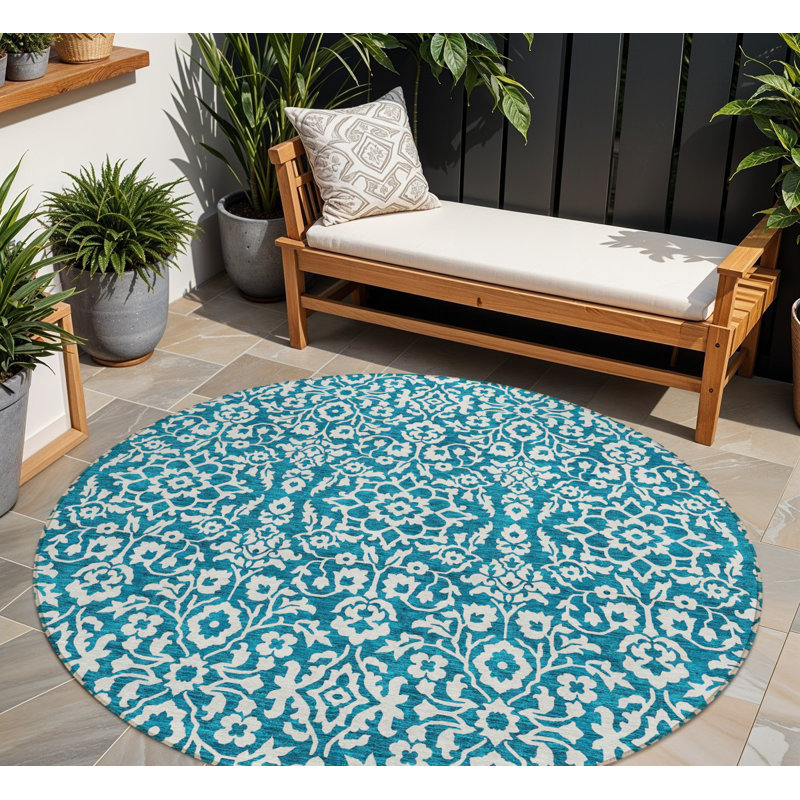 8' Teal Blue Round Damask Washable Indoor Outdoor Area Rug
