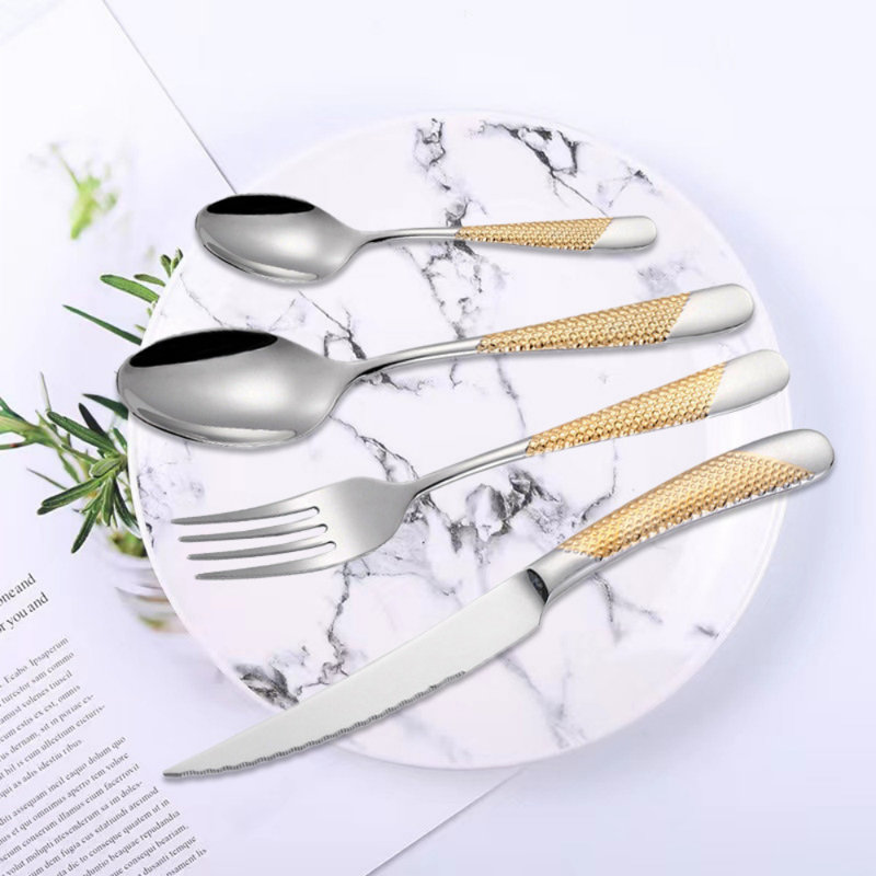 Ensemble de 16 couverts en argent martelé, service de couverts en acier inoxydable pour 4, Or/argent