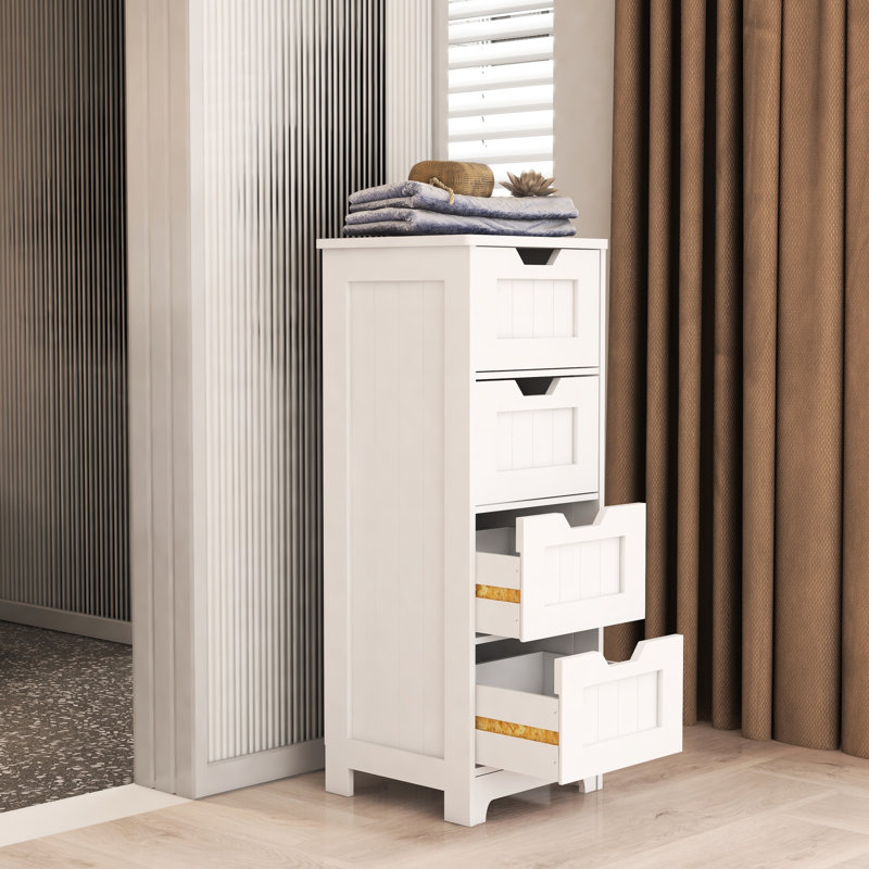 White Freestanding Storage Cabinet With 4 Drawers - For A Neat And Clean Home Bathroom, Living Room, Kitchen Bathroom Modern Design For Any House Style