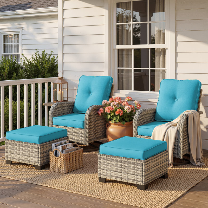 4-Piece Outdoor Swivel Rocker Chair Set With Cushions And Ottomans, Turquoise Blue