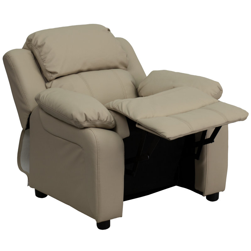 Deluxe Padded Contemporary Kids Recliner with Storage Arms, Vinyl - Beige