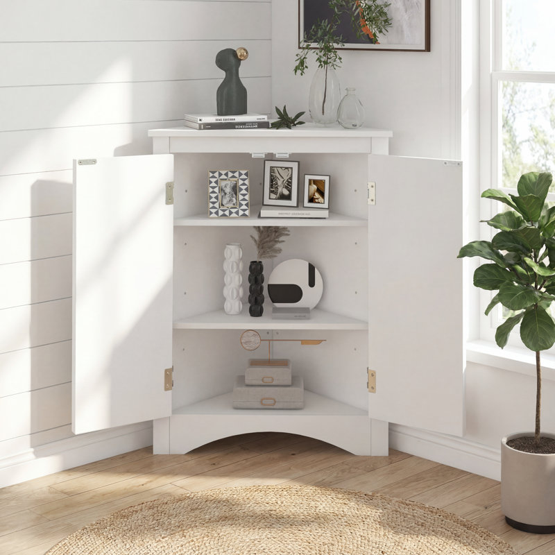 Armoire de rangement de coin en coin avec tablettes réglables, unité de plancher en bois blanc, White