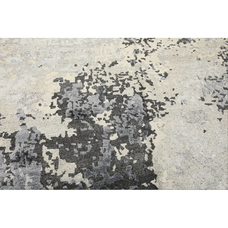Tapis moderne 180 x 270 cm en laine, bambou et soie gris ivoire, noué à la main