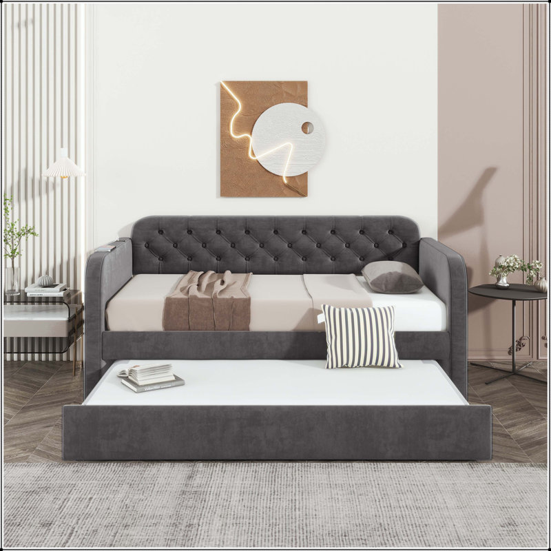 Lit de jour simple tapissier avec couchette, charge USB et design Mid-Century, Gris foncé