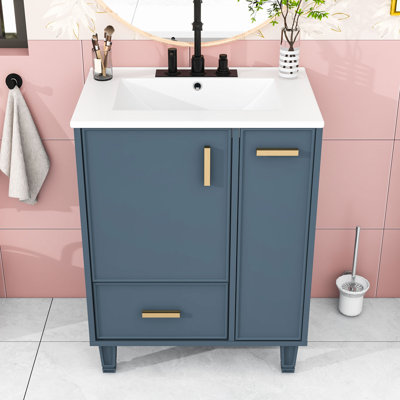 Meuble-lavabo moderne avec lavabo en céramique, tiroir de rangement, armoire et panier coulissant