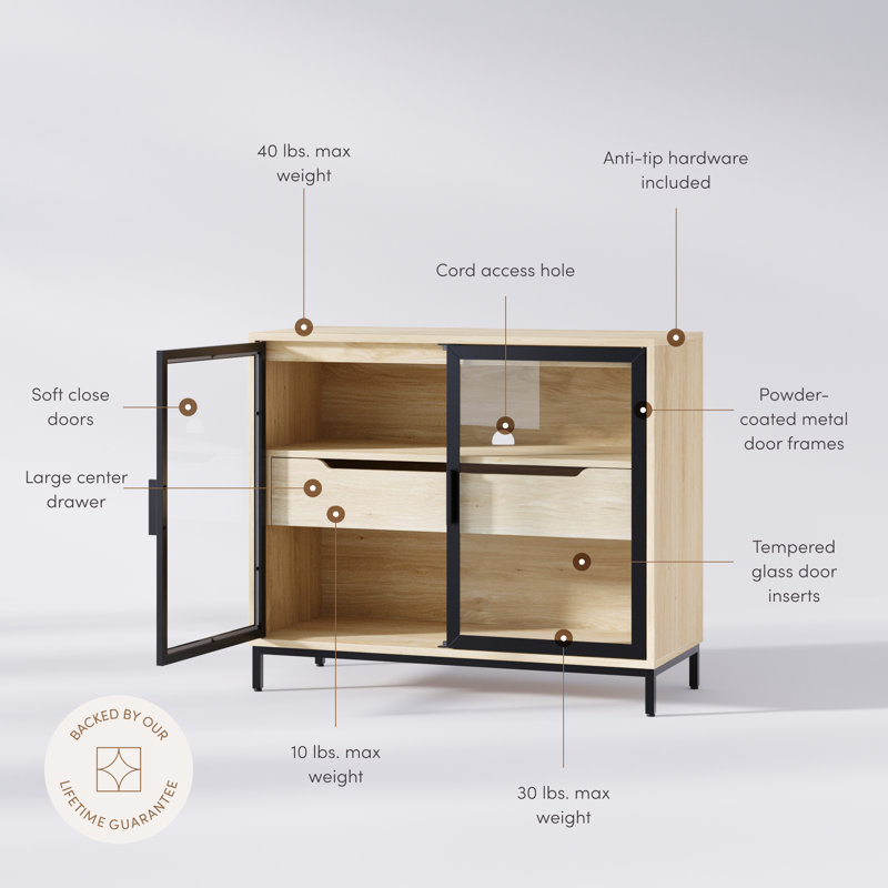 Metal And Glasss Sideboard Accent Cabinet Credenza, 1, 31" H x 36" W x 16" D