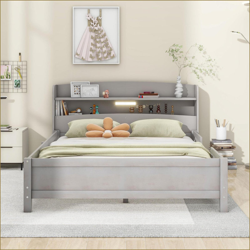 Lit plateforme double en bois de pin avec lumière DEL, tête de lit avec rangement Barrière de sécurité - Gris antique pour la chambre principale