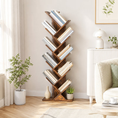 10-Tier Brown Floor Standing Tree Book Shelf, Narrow Wood Storage Organizer for Books, CDs, or Magazines, Ideal for Home Office or Living Room