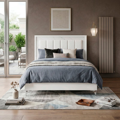 Newhaven Modern Chenille Upholstered Panel Bed – Faux Marble Headboard With Touch-Activated Led Lighting