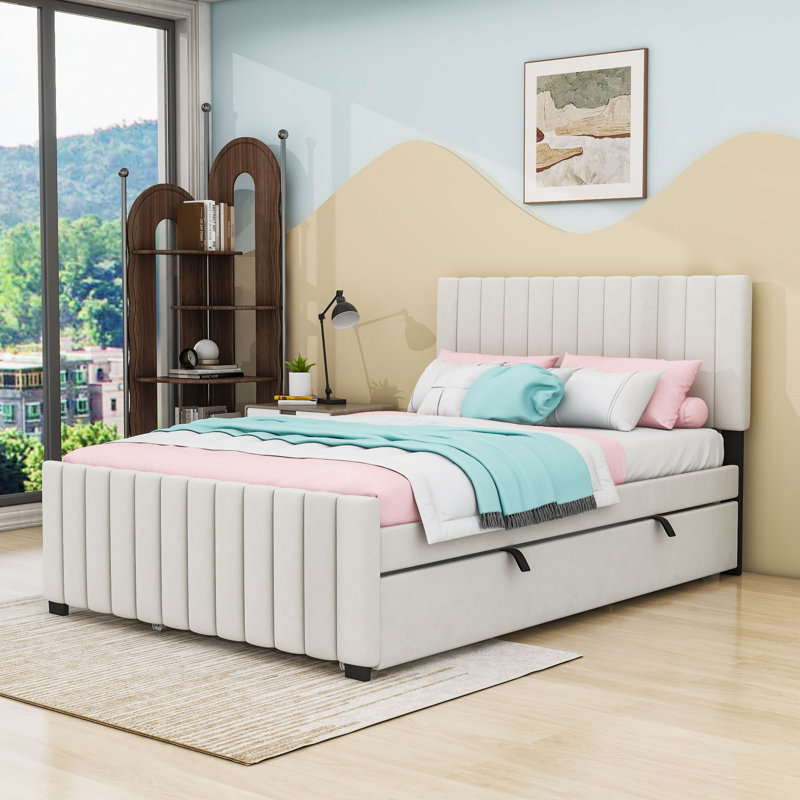 Arden Full Size Velvet Upholstered Platform Bed with Twin Trundle, Beige