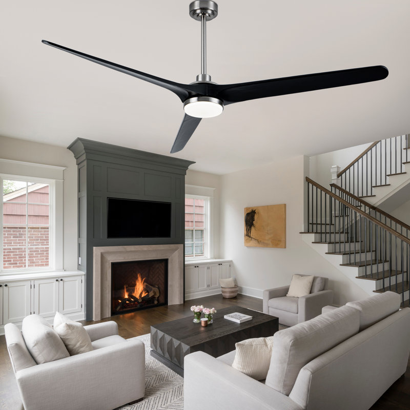 3-blades 72" Modern Solid Wood Large Ceiling Fan with Dimmable LED Light and Remote Control 6-speed Reversible DC Motor for Large Room 