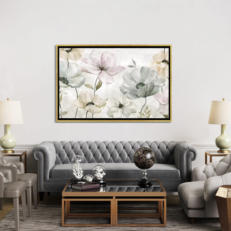 «Garden Grays» par Carol Robinson - reproduction, H 40 po x l 60 po x 1,5 po, Toile encadrée d'or, Pas de tapis