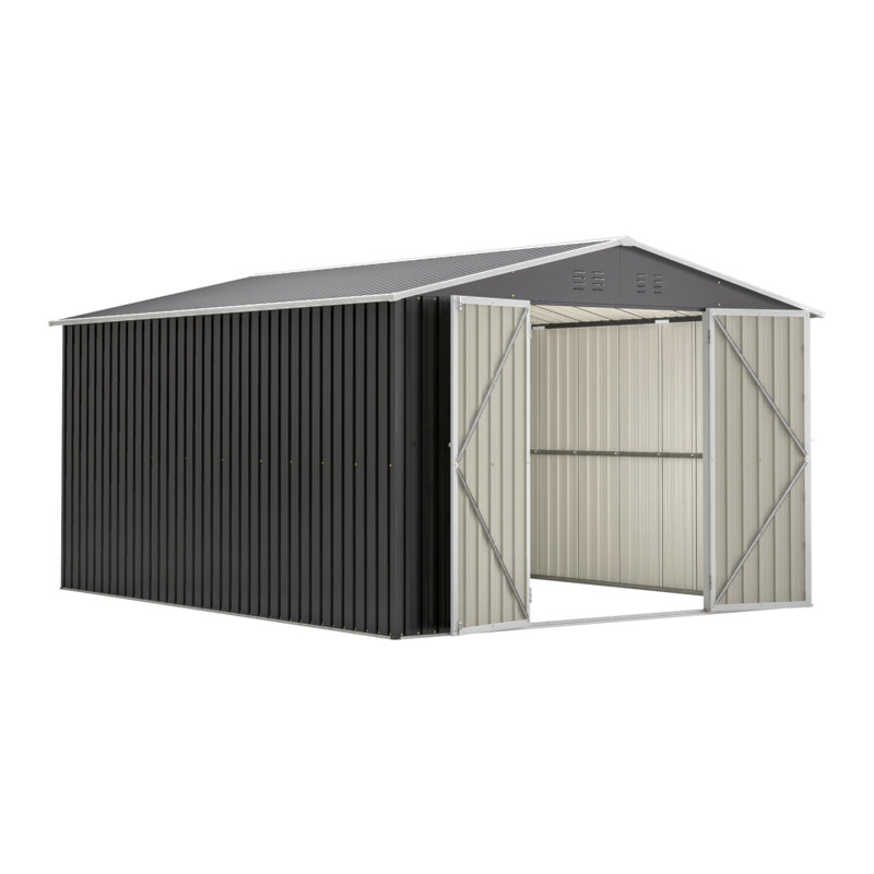 Remise de rangement extérieure 10 pi x 12 pi, rangement pour outils en métal avec portes verrouillables et structure à cadre, grande remise en métal pour la cour arrière, pelouse de patio, noir