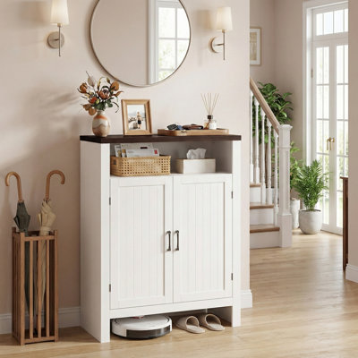 Farmhouse Shoe Cabinet With Doors, 5 -Tier Shoe Storage Cabinet With Adjustable Shelves, 43.3" Tall Shoe Rack Cabinet For Entryway, And Hallway, White