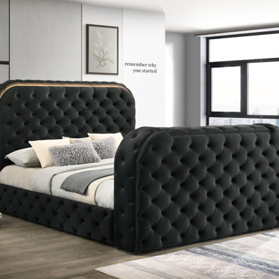 Upholstery Velvet Eastern King Bed W/LED, Fireplace & TV Stand by Everly Quinn