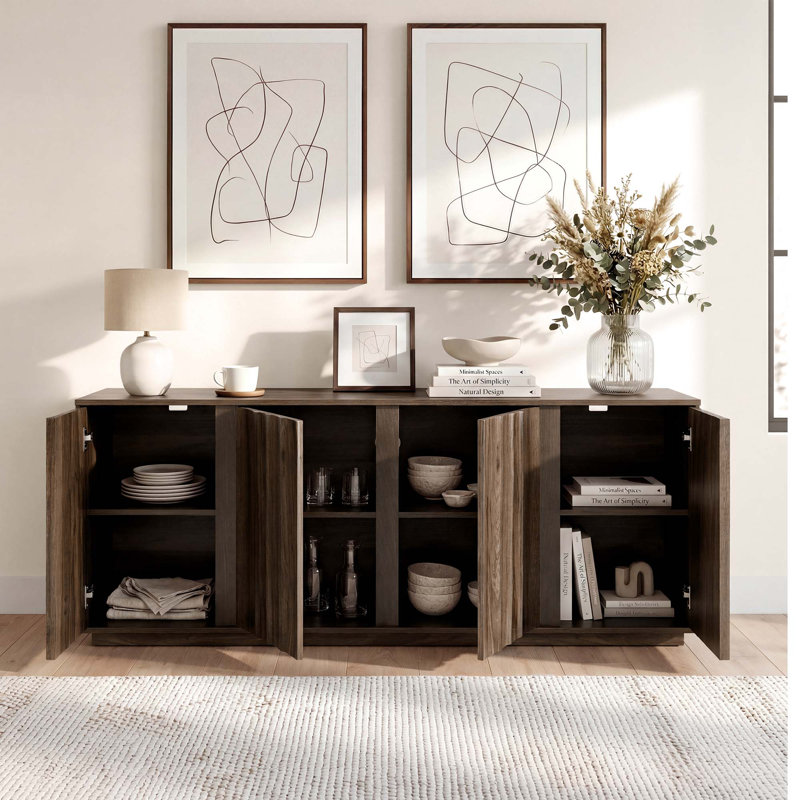 63''W Modern Fluted Sideboard with Adjustable Shelves, Walnut