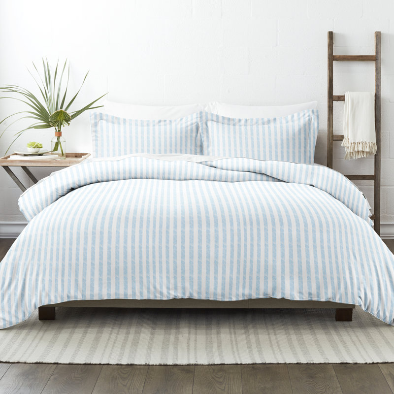 Light Blue Striped Microfiber Queen Duvet Cover Set