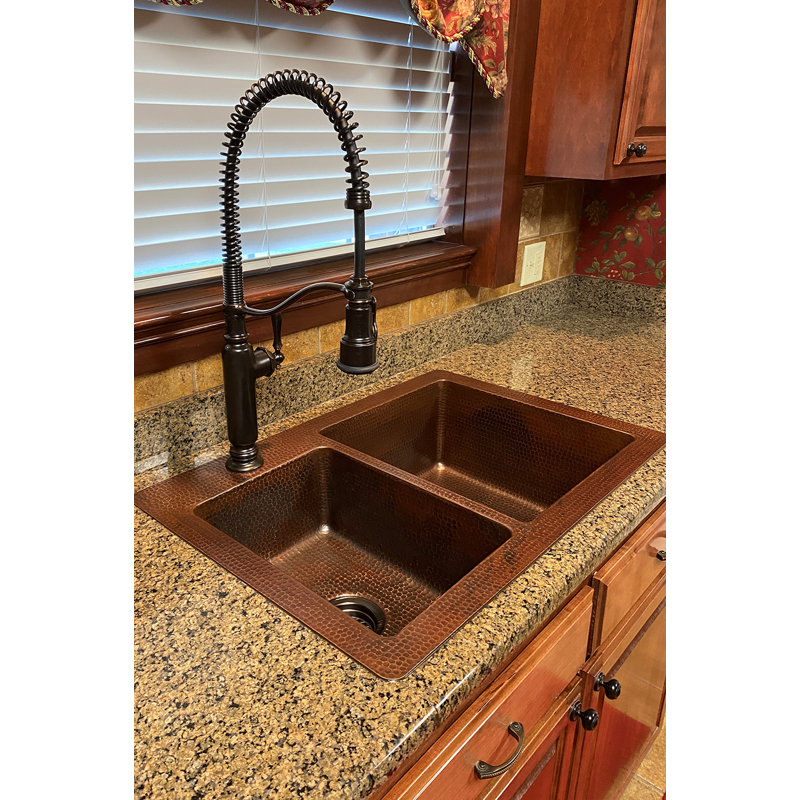 33" Hammered Copper Kitchen 40/60 Double Basin Sink with Matching Drains, and Accessories