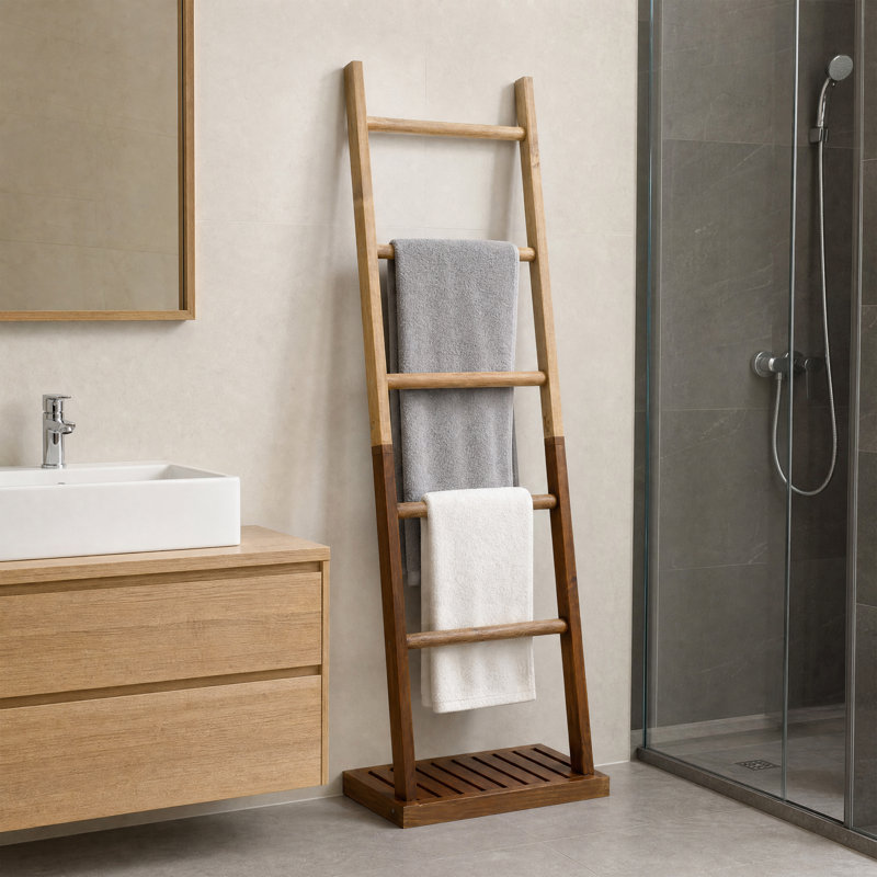70.5" Solid Wood Freestanding Blanket Ladder with Storage Shelf