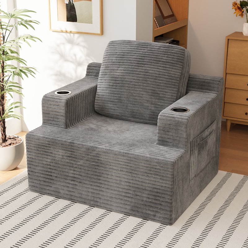Boneless Single-seater Pure Sponge Compression Sofa With Cup Holders And Throw Pillows, Gray