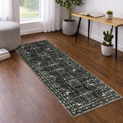 Tapis oriental noir / beige / gris à envers antidérapant lavable à la machine pour le salon, la chambre à coucher et le couloir