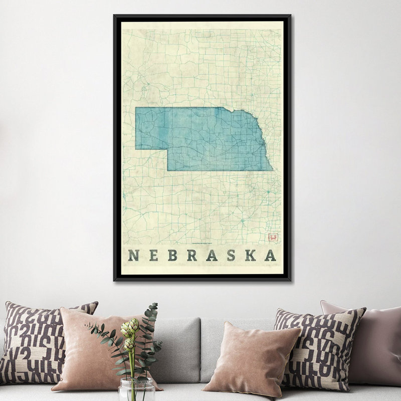 « nebraska map », impression sur toile, H 26 po x l 18 po x P 1,5 po, Toile avec cadre noir, Pas de tapis