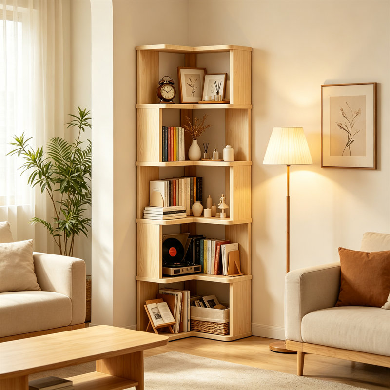 Corner Shelf  L-Shaped 6-Tier Bookshelf with Built-in Book Stoppers