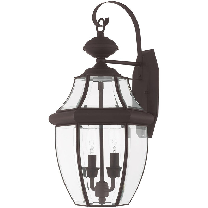 10.5in 2-Light Outdoor Wall Lantern Pendant Fixture with Clear Beveled Glass Shade, Bronze