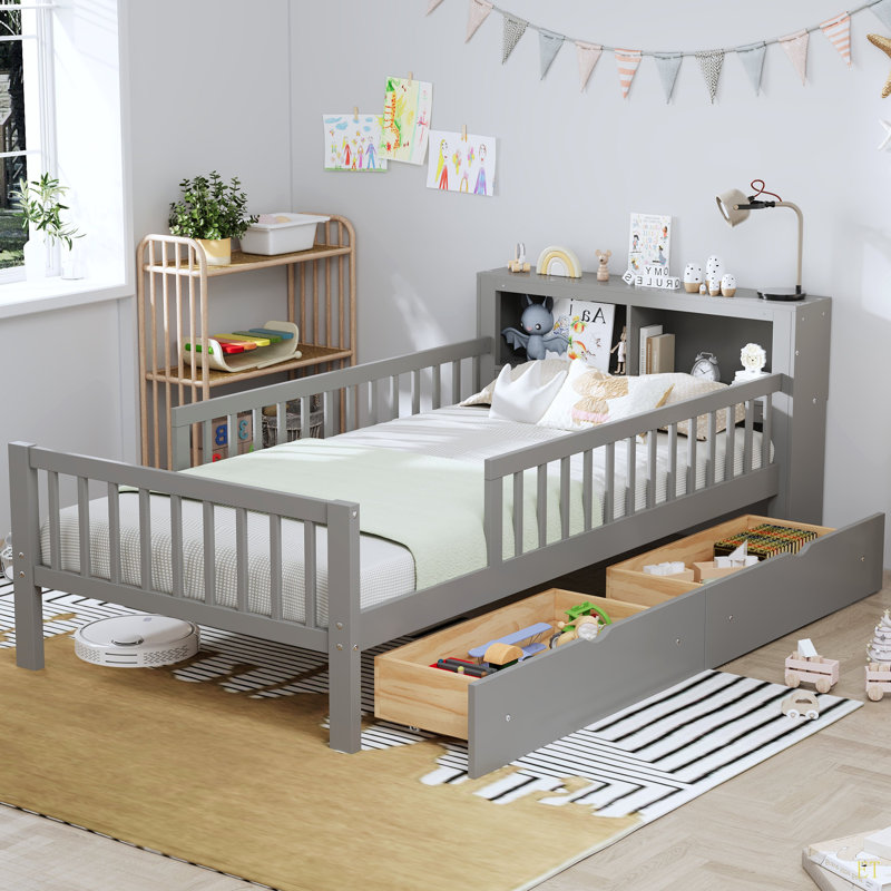 Twin Size Bed With Headboard Storage Rack, Two Under-Bed Drawers, Three-Side Guardrails For Safety And Security, Gray