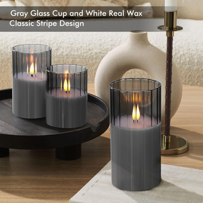 3-pack Smoked Glass Led Candles With Remote & Timer Grey