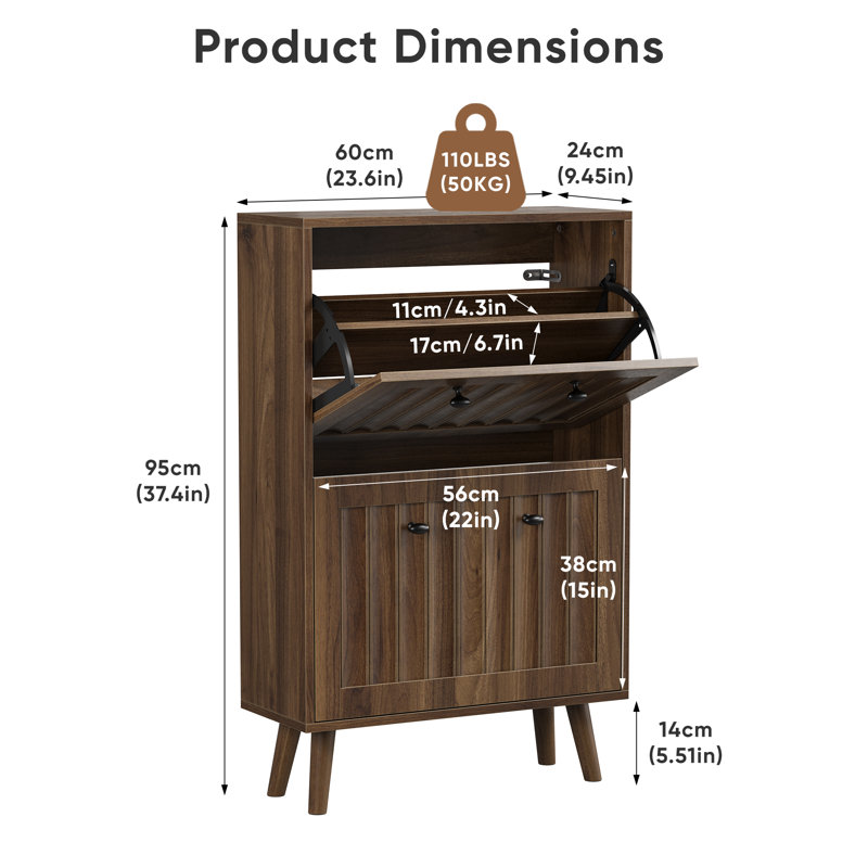 Armoire à chaussures de style médiéval en noyer, rangement vertical de 23,6 po avec finition rainurée verticale