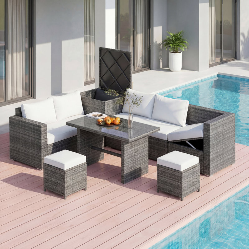 6-Piece All-Weather PE Rattan Patio Sectional Conversation Sofa Set with Adjustable Seats, Storage Box, Removable Covers & Tempered Glass Table