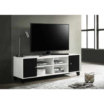 Meuble télé contemporain blanc cassé et noir, compartiments dissimulés à tablettes ouvertes, centre de divertissement d'une hauteur de 20,1 po avec finition, accents noirs audacieux, tablettes hautes