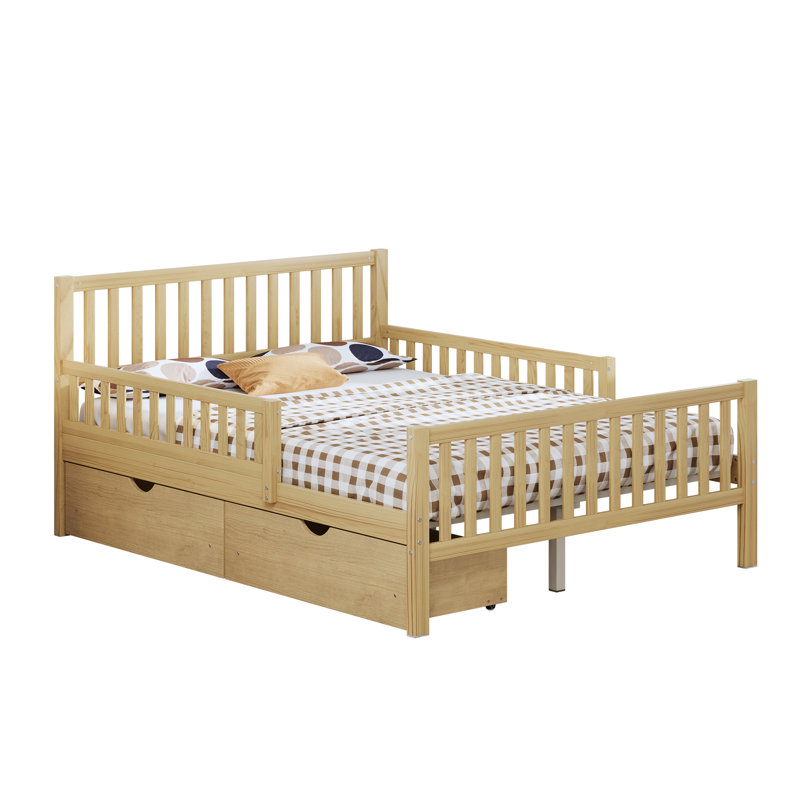 Lit plateforme en bois Aspen avec garde-corps et 2 tiroirs de rangement, Full