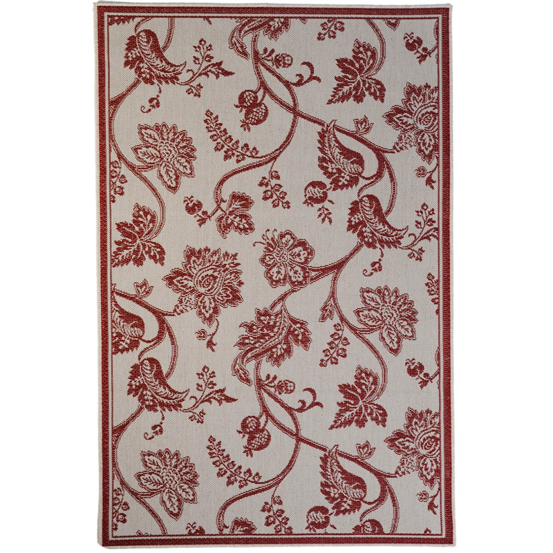 Motif floral rouge/Ivoire intérieur/Tapis décoratif extérieur à tissé plat caudill, Rectangle 2 pi x 3 pi 7 po