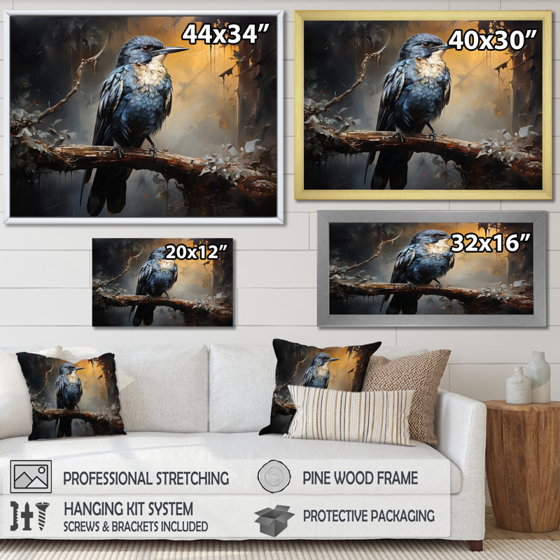 «Midnight Floral Bird Melody 2 - Colibri», art mural, Cadre flottant blanc, H 16 po x l 32 po x P 1 po