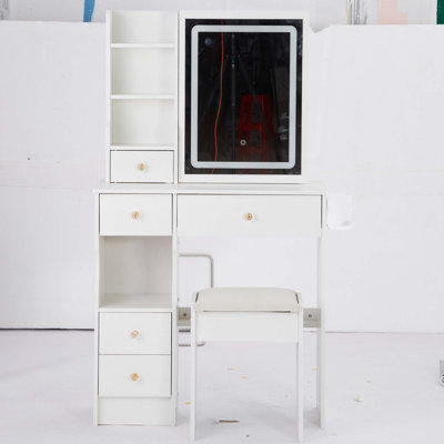 Petit meuble-lavabo de 29,2 po avec tiroir à gauche + tabouret rembourré, 2 blocs d'alimentation CA + 2 ports USB, support pour sèche-cheveux, très grand miroir coulissant à commande tactile à DEL, réglage de la luminosité tricolore, réglage de la luminosité