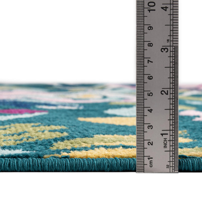 Holle Floral Area Rug, Oval 6' x 9', Teal/Yellow/Pink