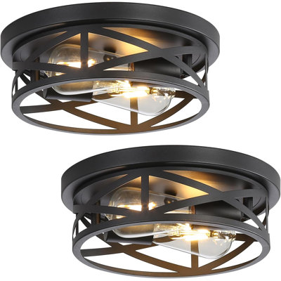 Black Flush Mount Ceiling Light 2-Pack, Industrial Metal Cage Semi Flush Mount Ceiling Light Fixtures, 11 Inch Farmhouse Close To Ceiling Light For Hallway Kitchen Bedroom Entryway